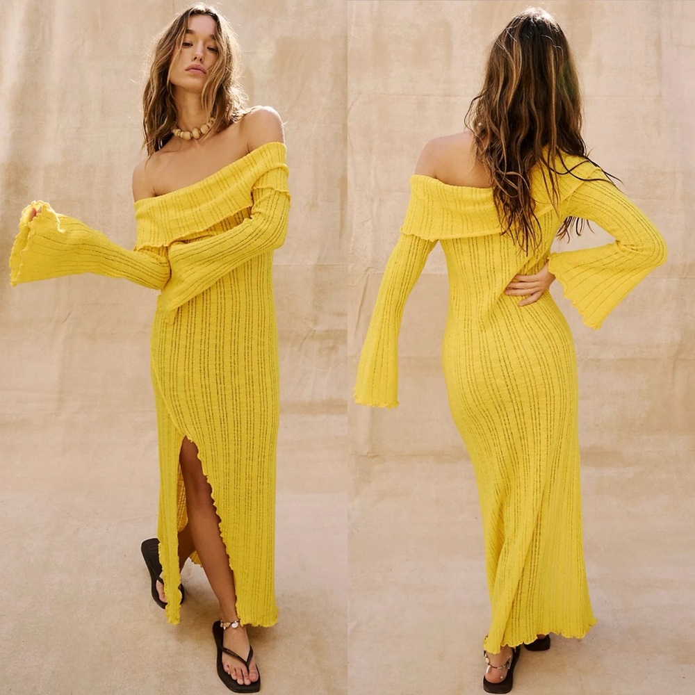 NWT Free People Beach Layla Off Shoulder Sweater Midi Dress Sunshower Yellow